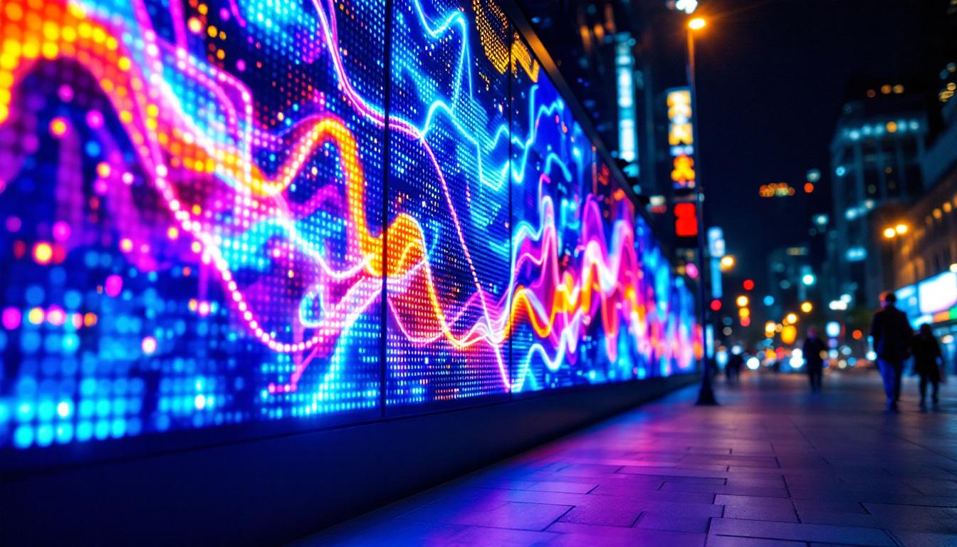 A photograph of a vibrant led display showcasing dynamic visuals and colors in an urban setting