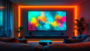 A photograph of a vibrant home theater setup featuring a modern led video projector in action