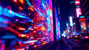 A photograph of a vibrant led display in action