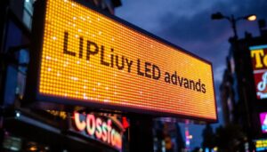 A photograph of a vibrant led sign board illuminated at dusk