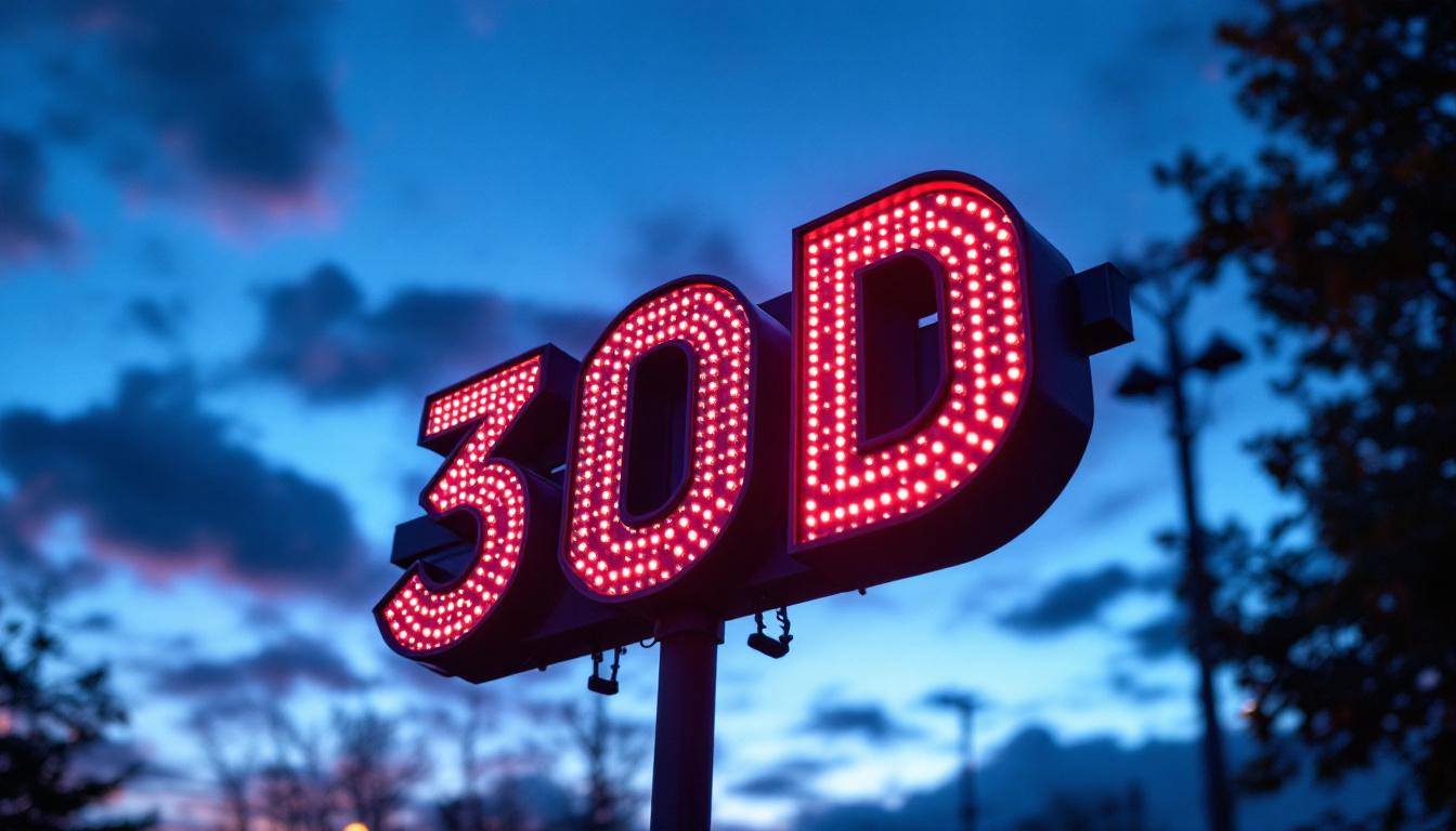 A photograph of a vibrant 3d illuminated sign at dusk