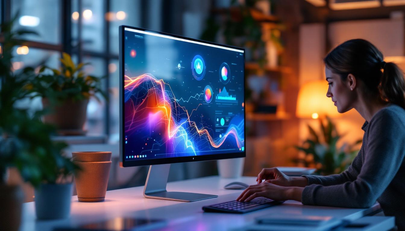 A photograph of capture a photograph of a sleek all-in-one touchscreen led display in a modern workspace