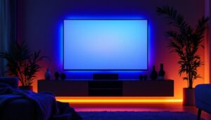 A photograph of a modern living room setup featuring a tv with vibrant led backlighting