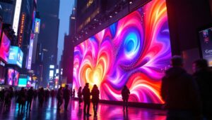 A photograph of a vibrant led display in a bustling urban environment