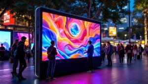A photograph of a vibrant portable led display in an outdoor setting