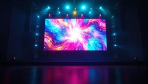 A photograph of a vibrant stage backdrop featuring a large led display in action