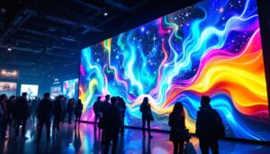 A photograph of a vibrant led display showcasing dynamic visuals in a retail or event setting