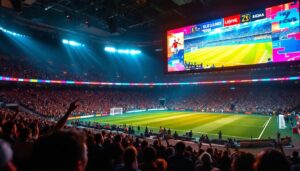 A photograph of a vibrant sports arena featuring a large