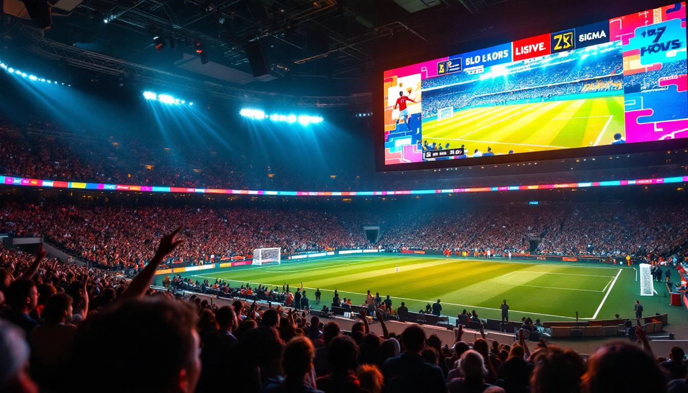 A photograph of a vibrant sports arena featuring a large