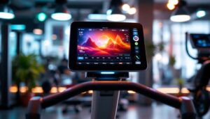 A photograph of a modern exercise equipment setup featuring a clear view of the led display in action