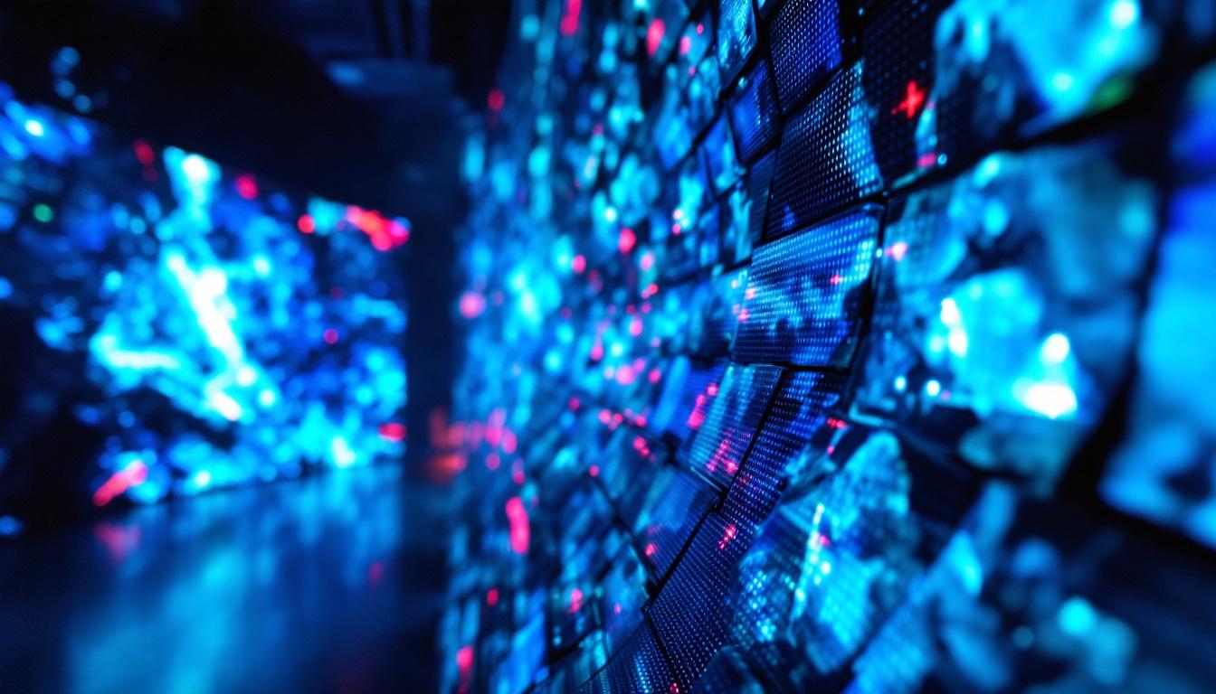 A photograph of a vibrant led display showcasing dynamic visuals from "the wall" movie