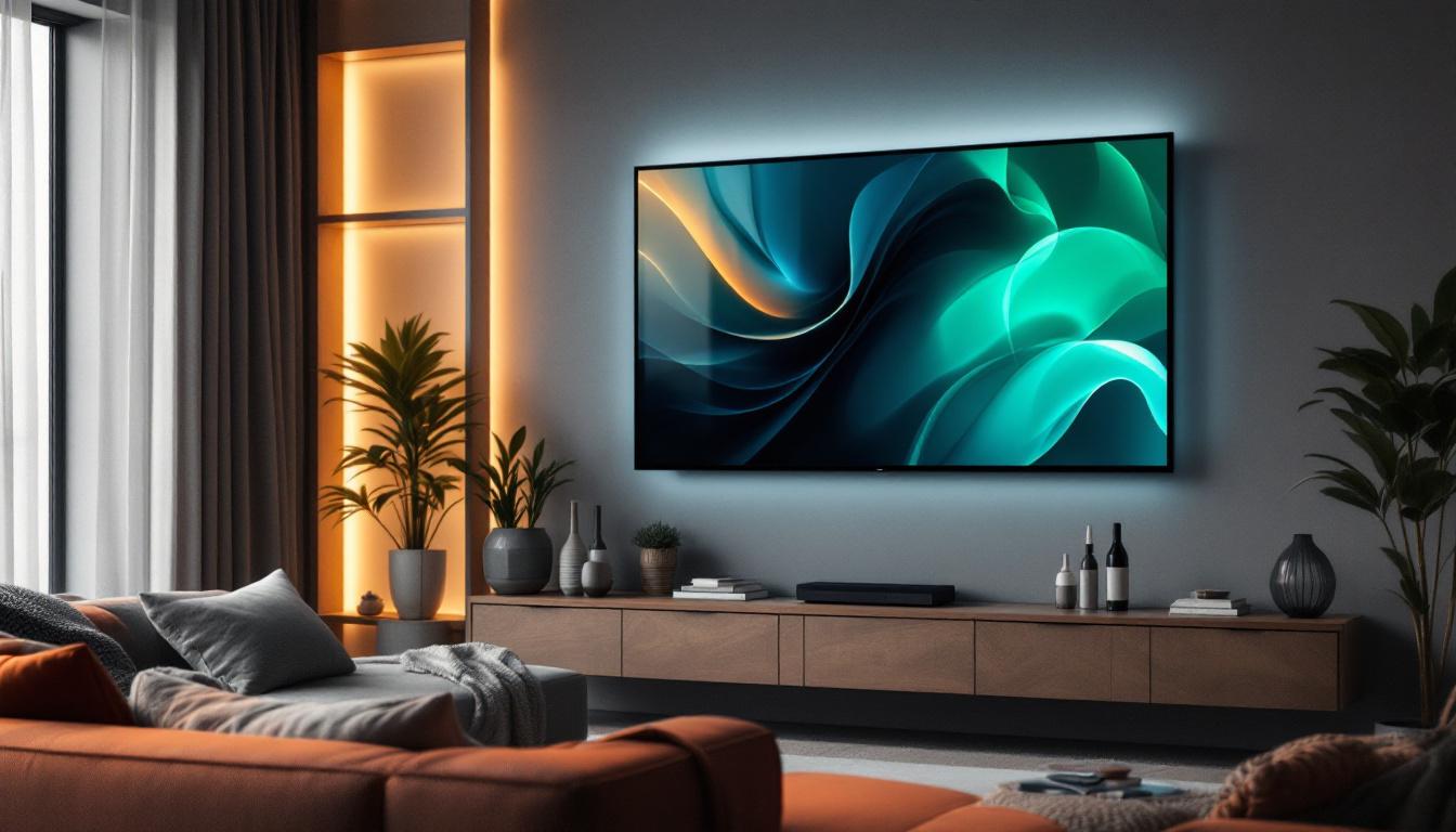 A photograph of a stylish living room featuring an 85-inch led tv mounted on the wall
