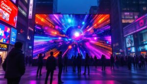 A photograph of a vibrant commercial led display in an urban setting