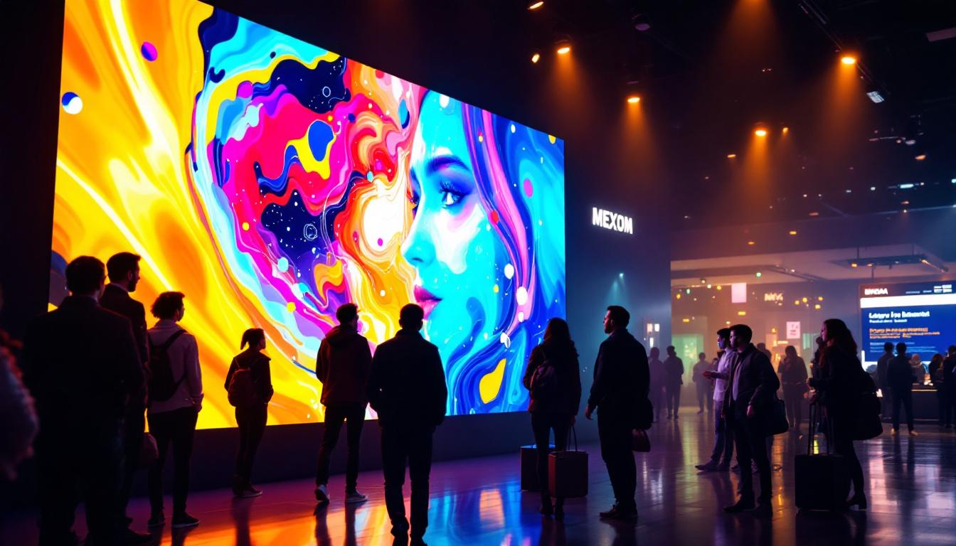 A photograph of a vibrant led display in a dynamic setting