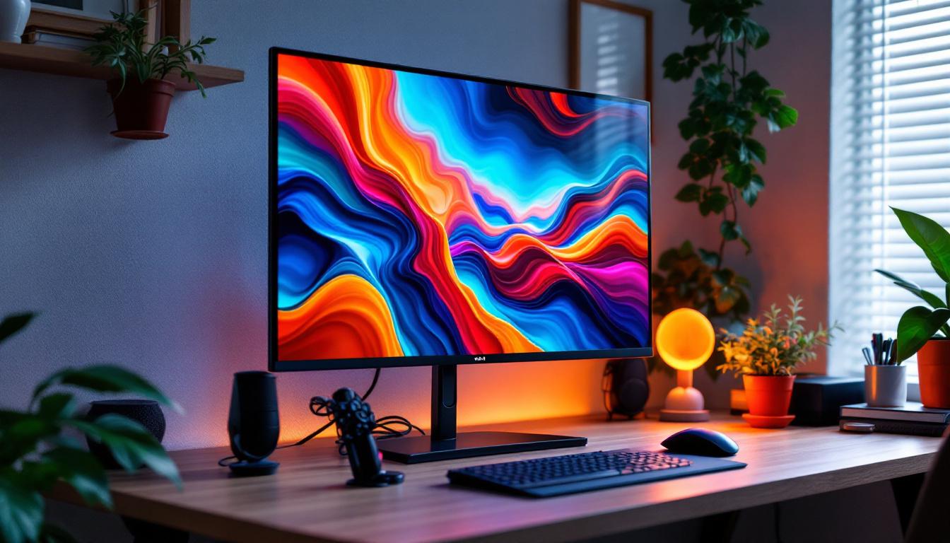 A photograph of a sleek home office setup featuring a vibrant led display monitor