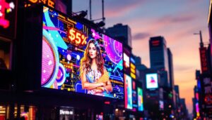 A photograph of a vibrant led display in an urban setting at dusk
