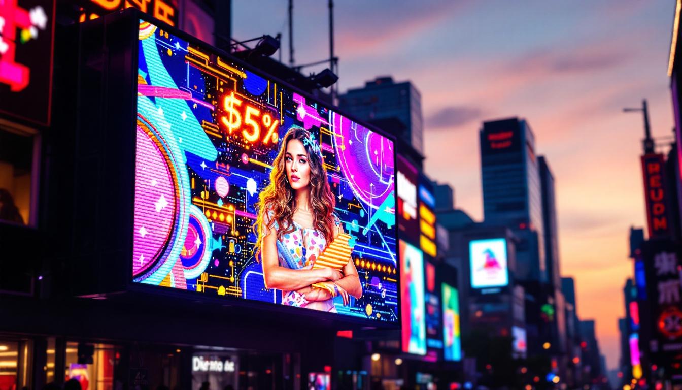 A photograph of a vibrant led display in an urban setting at dusk