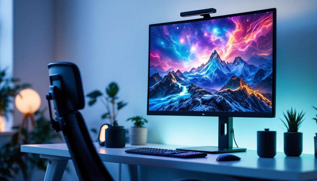 A photograph of capture a photograph of a sleek 42-inch led monitor displaying vibrant visuals in a modern workspace
