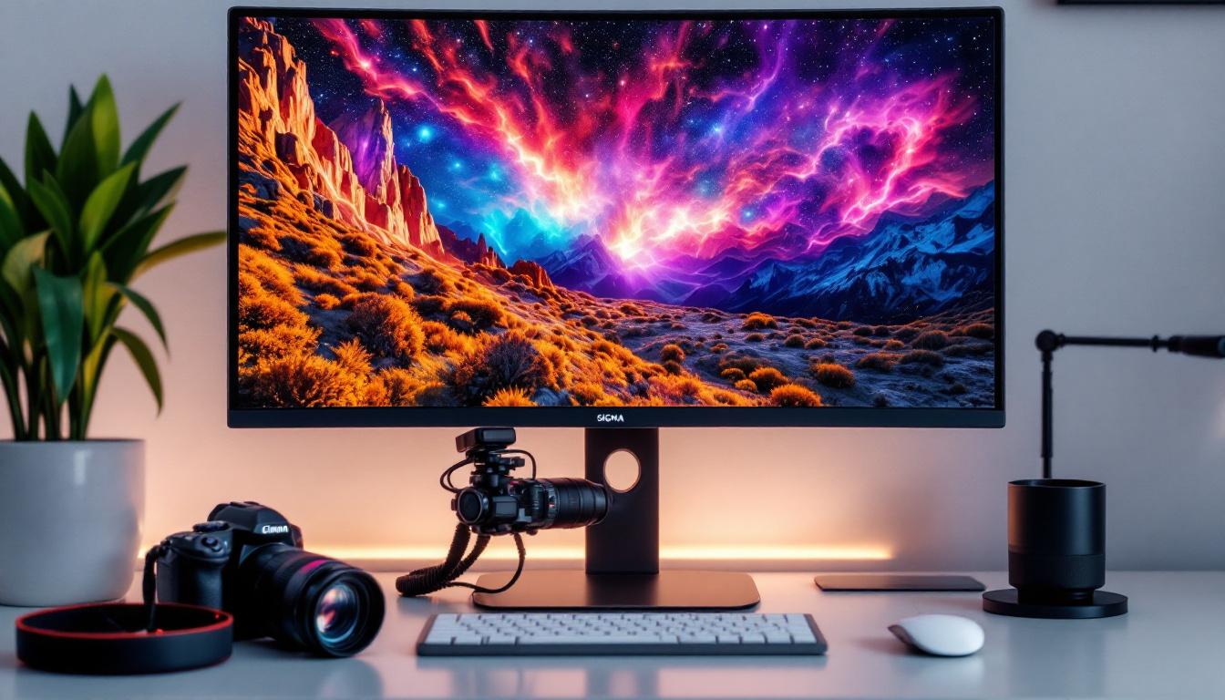 A photograph of capture a photograph of a modern desktop setup featuring a high-resolution led monitor displaying vibrant images
