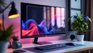A photograph of a desktop setup featuring a sleek led display with a privacy screen protector in use
