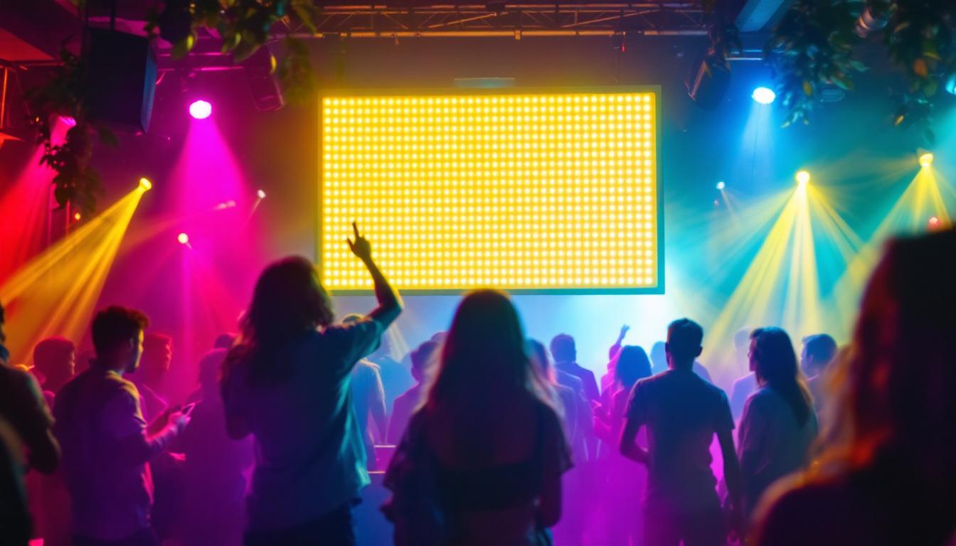 A photograph of a vibrant party scene featuring an led display as a focal point