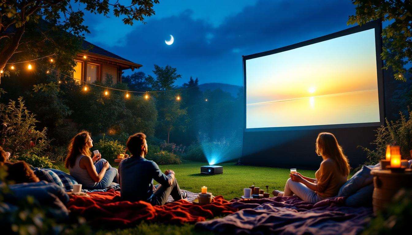 A photograph of a vibrant outdoor movie night scene featuring a portable led projector in action