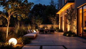 A photograph of a beautifully illuminated outdoor space featuring poe led lighting fixtures