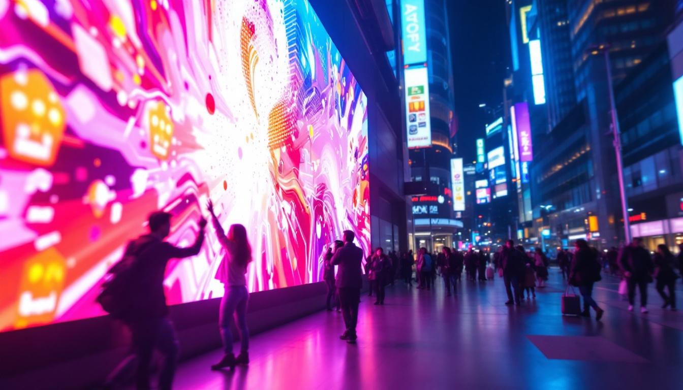 A photograph of a vibrant led display showcasing dynamic graphics and bright colors in an urban setting