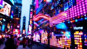 A photograph of a vibrant led display in action