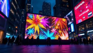 A photograph of a vibrant led display in an urban setting at night