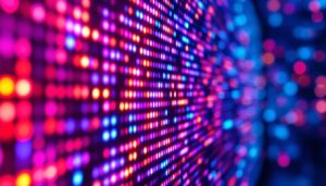 A photograph of a vibrant led display showcasing dynamic visuals