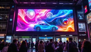 A photograph of a vibrant led display in a bustling urban environment