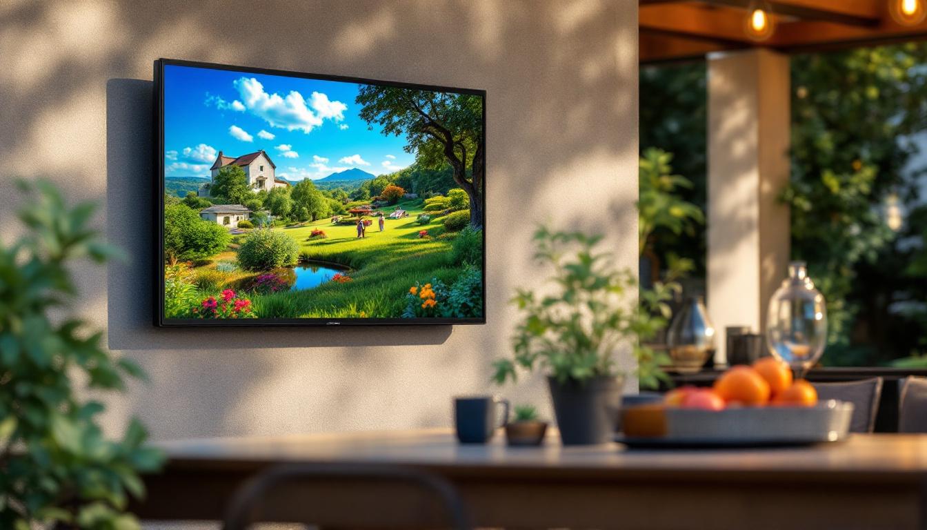 A photograph of a sleek 24-inch outdoor led tv mounted in a stylish outdoor setting