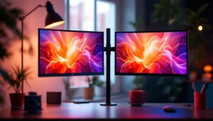 A photograph of a sleek wall-mounted dual monitor setup in a modern workspace