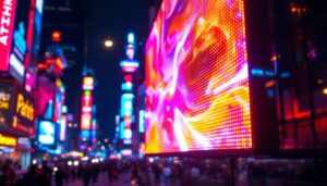 A photograph of a vibrant led display in a bustling urban environment