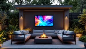 A photograph of a stylish patio setting featuring a modern privacy wall integrated with an led display