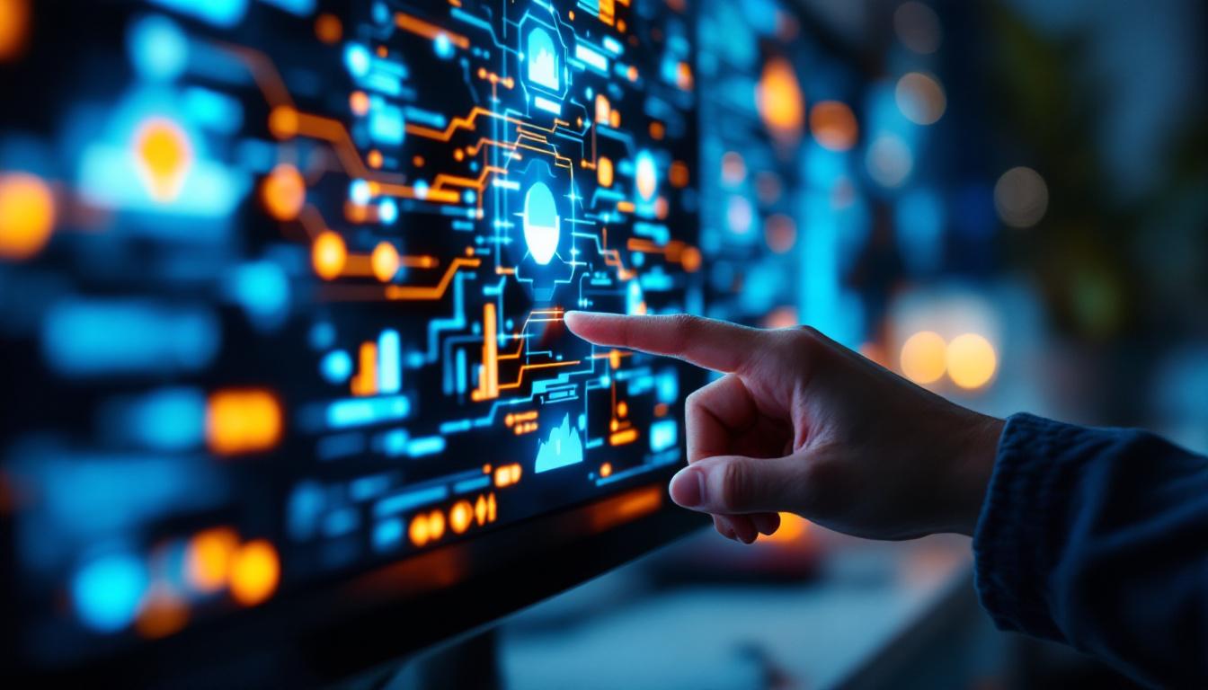 A photograph of a close-up shot of a modern touch screen computer in use