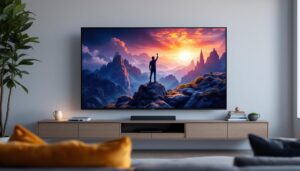 A photograph of a sleek 21:9 aspect ratio led tv displaying a vibrant