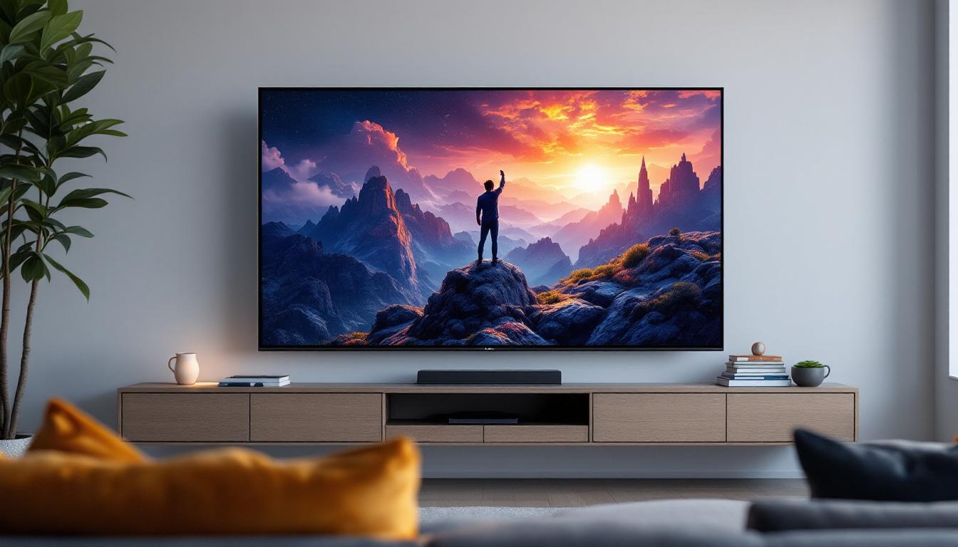 A photograph of a sleek 21:9 aspect ratio led tv displaying a vibrant