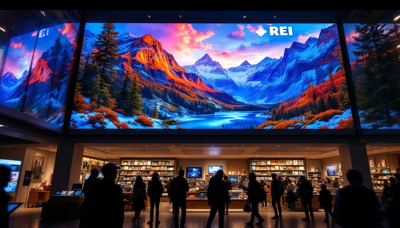 A photograph of the vibrant led display at a rei flagship store