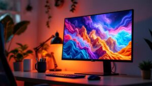 A photograph of a sleek 22-inch led monitor displaying vibrant