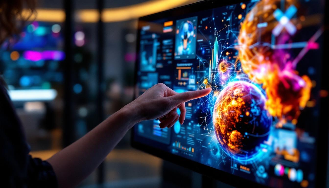 A photograph of a sleek led touchscreen monitor displaying vibrant visuals