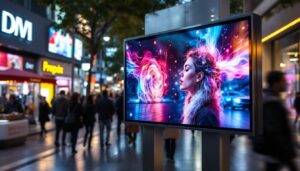 A photograph of a vibrant digital signage lcd screen displaying dynamic content in a bustling urban environment