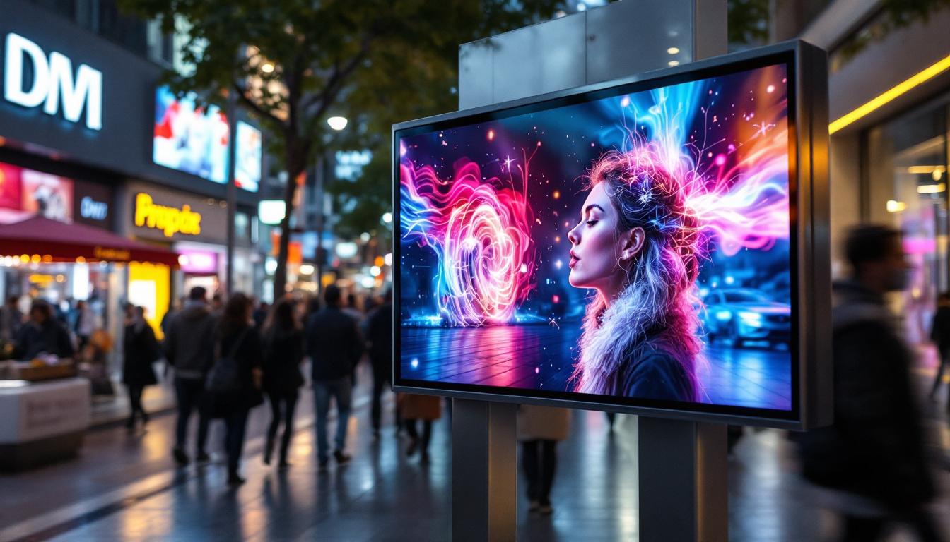 A photograph of a vibrant digital signage lcd screen displaying dynamic content in a bustling urban environment