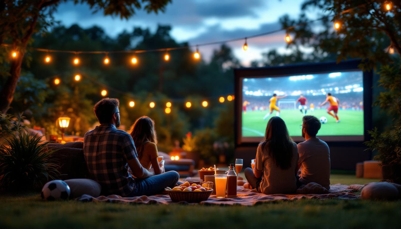 A photograph of a vibrant outdoor setting featuring a group of friends or family enjoying a sports game on a large led projector screen