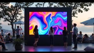 A photograph of a portable outdoor screen displaying vibrant led graphics in a serene outdoor setting