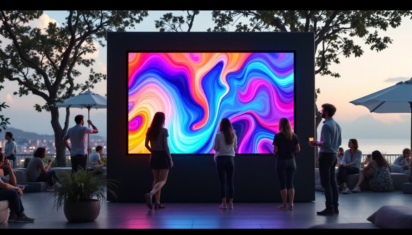 A photograph of a portable outdoor screen displaying vibrant led graphics in a serene outdoor setting
