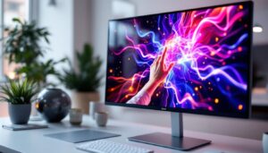 A photograph of a sleek 27-inch touch screen monitor displaying vibrant led graphics in a modern workspace setting