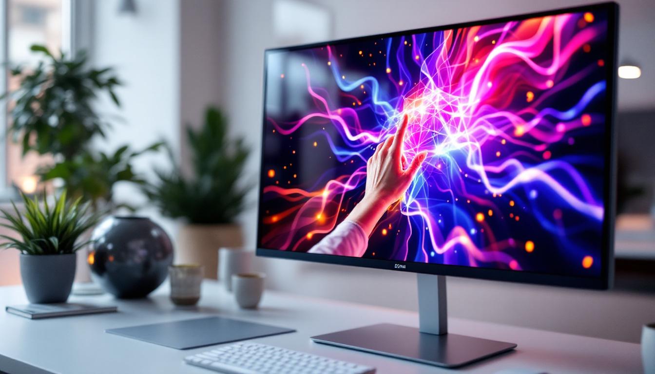 A photograph of a sleek 27-inch touch screen monitor displaying vibrant led graphics in a modern workspace setting
