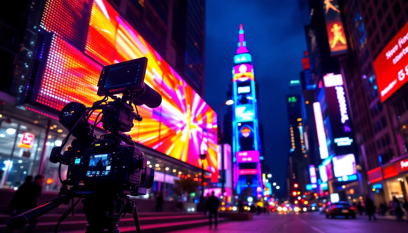 A photograph of a vibrant led display in an urban setting
